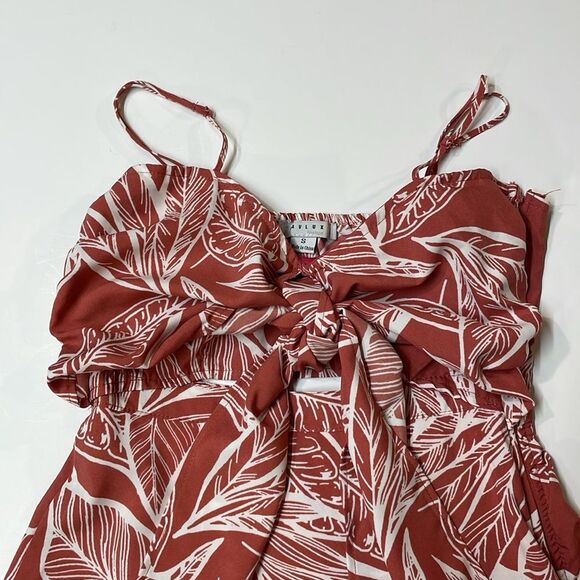 Favlux Women’s Rust Red White Tropical Leaf Print Tie Front Mini Dress Sz S - Picture 2 of 8